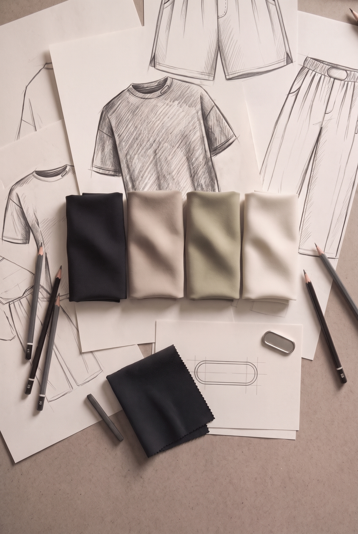 KAF — the process, portrait: sketches, fabric palette, pencils and metal tag