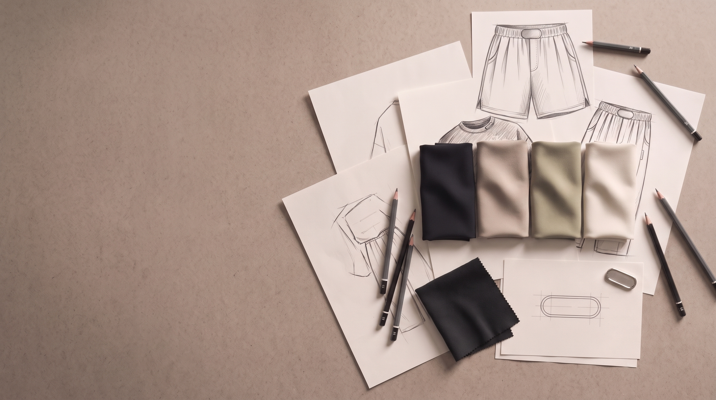 KAF — the process: sketches, fabric palette, pencils and metal tag on a designer's desk